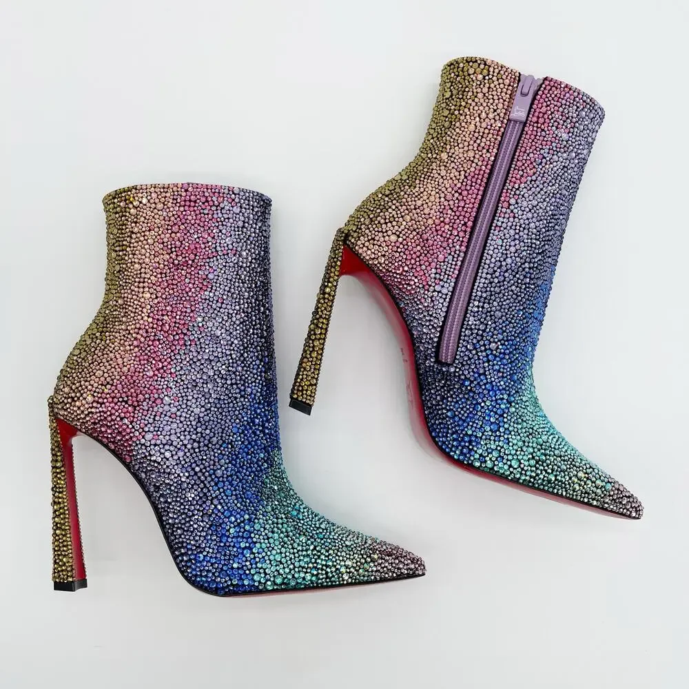 New Christian Louboutin Condora Strass Rainbow Crystal Heeled Ankle Boots EU 36